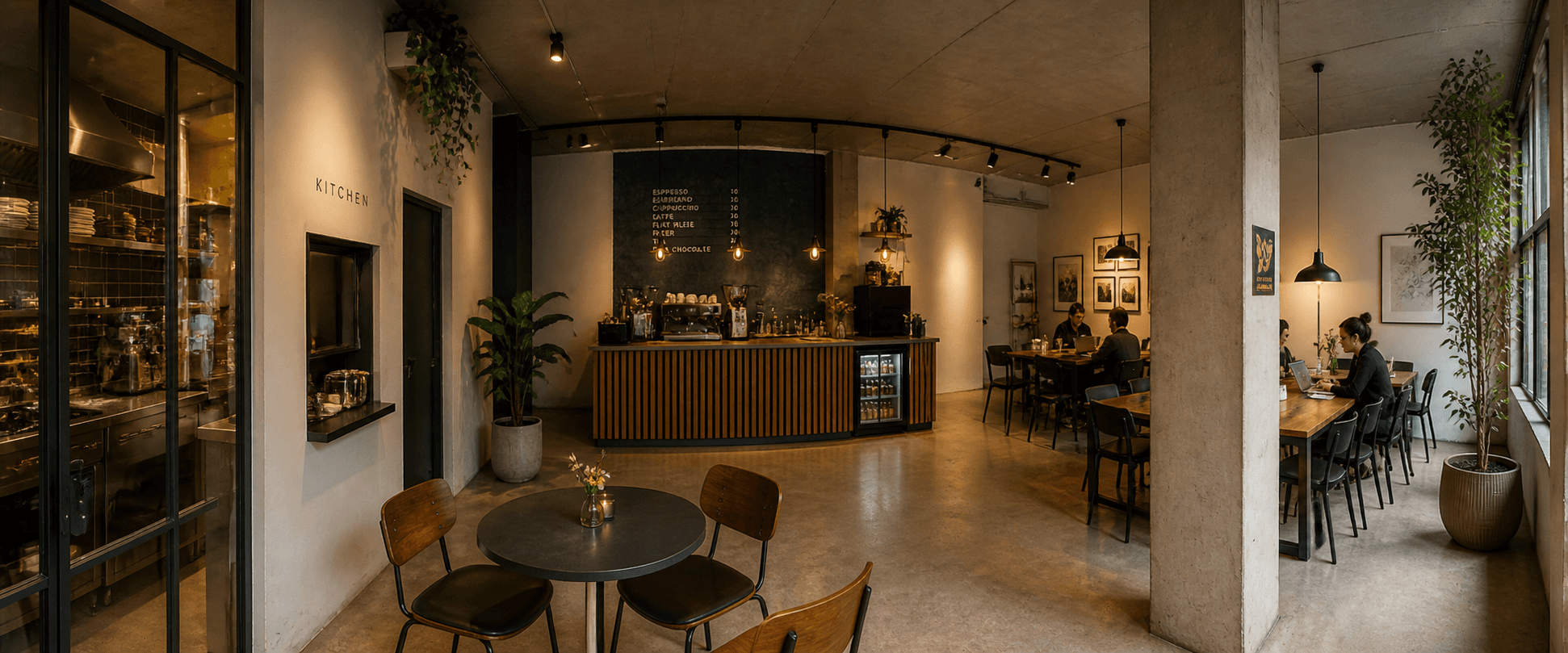 Inside Caffice — kitchen on the left, bar in the centre, workspace on the right