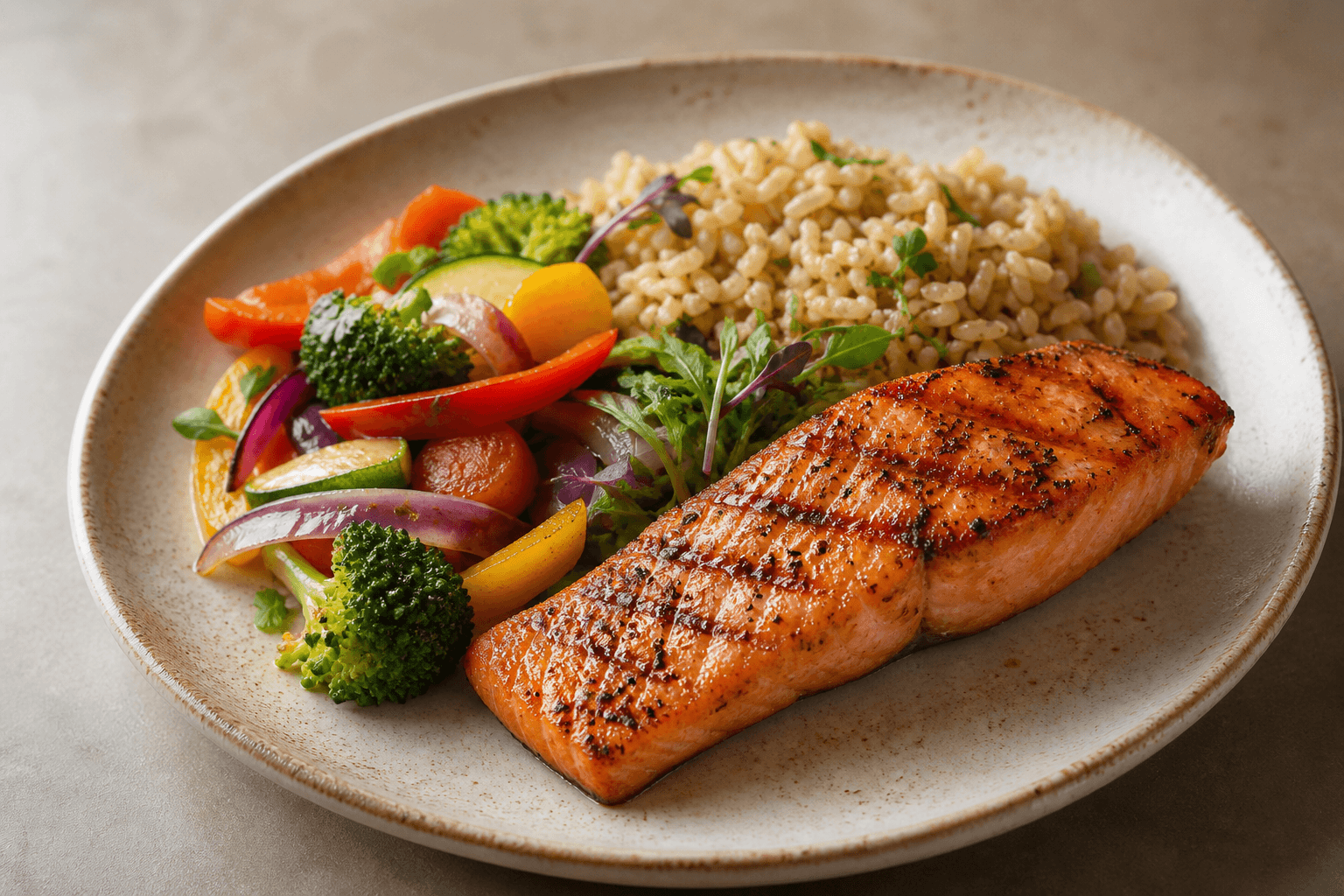 Grilled Salmon with Brown Rice and Vegetables
